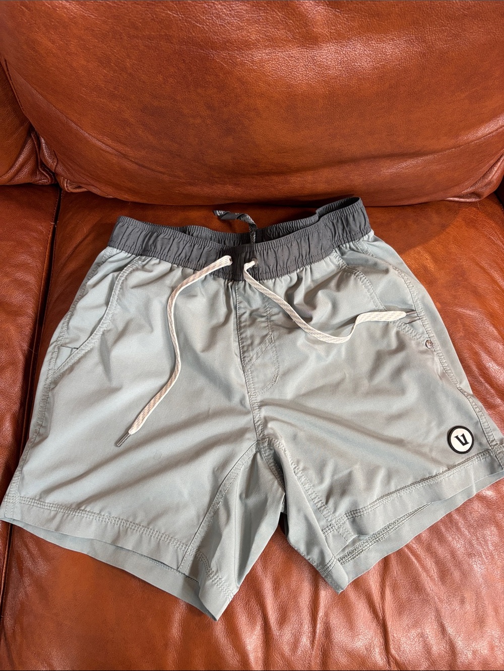 Vuori Light Gray Athletic Shorts with Charcoal Waistband